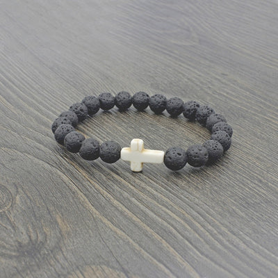 black lava stone stretchy bracelet with marble stone cross