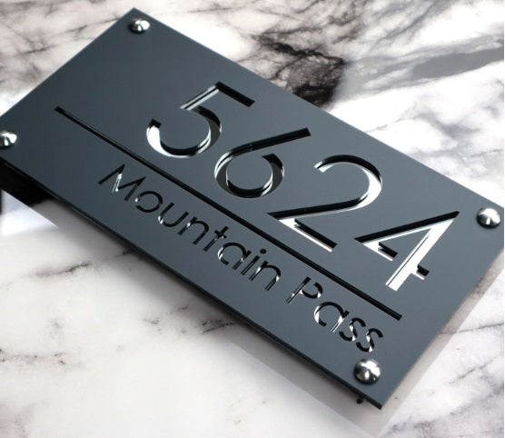 address house sign custom number and street in black silver or gold