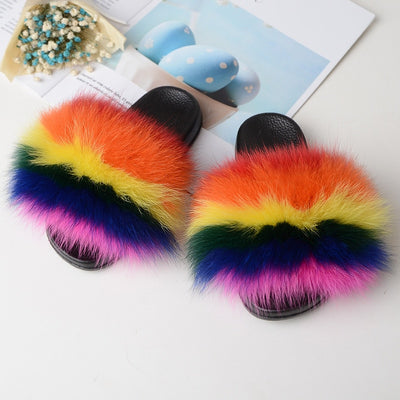 kids rainbow fur slides slippers