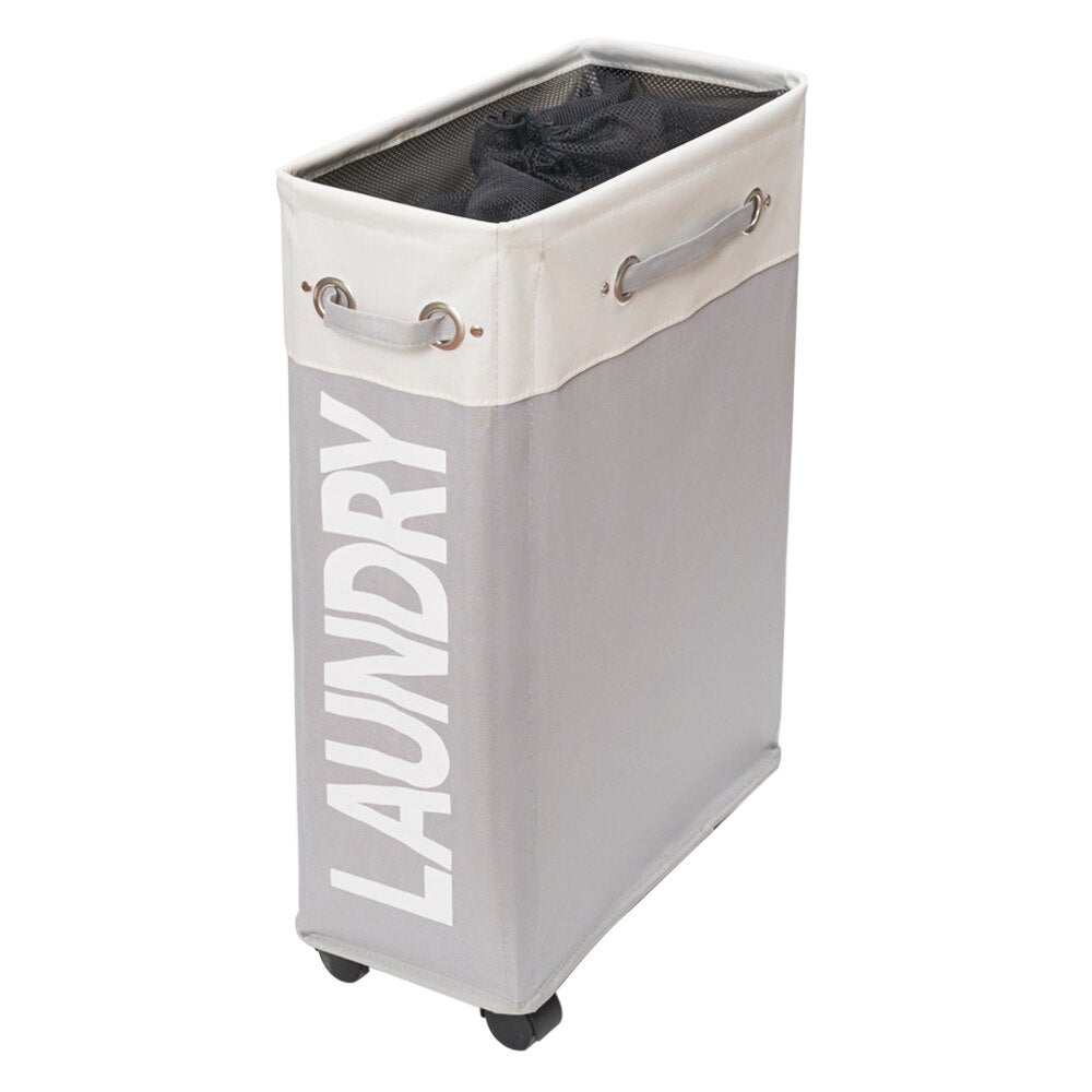 slim modern laundry basket on wheels grey and white color