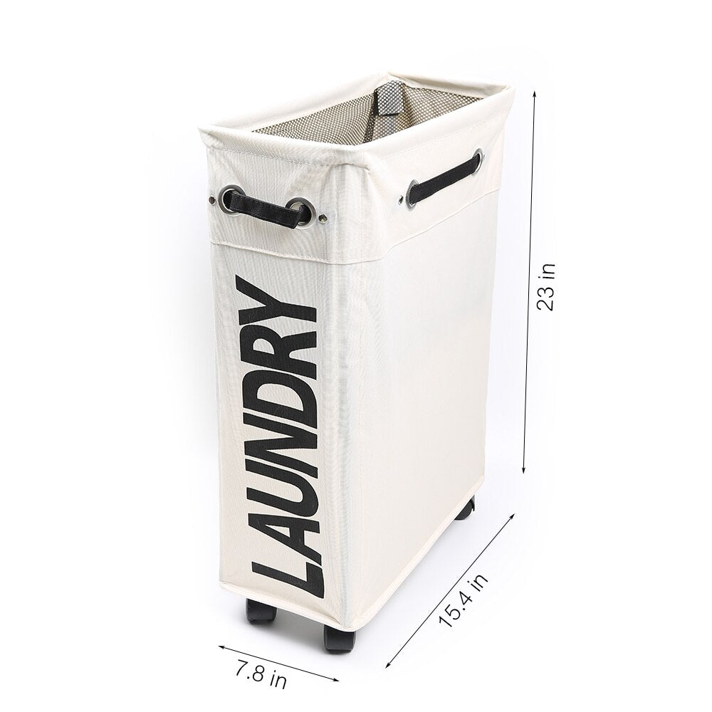slim modern laundry basket on wheels white color on wheels, 8 inch wide laundry bin on wheels