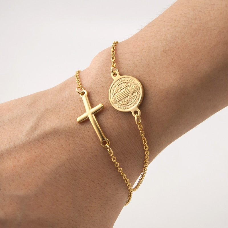 Gold cross and medallion religious bracelet men