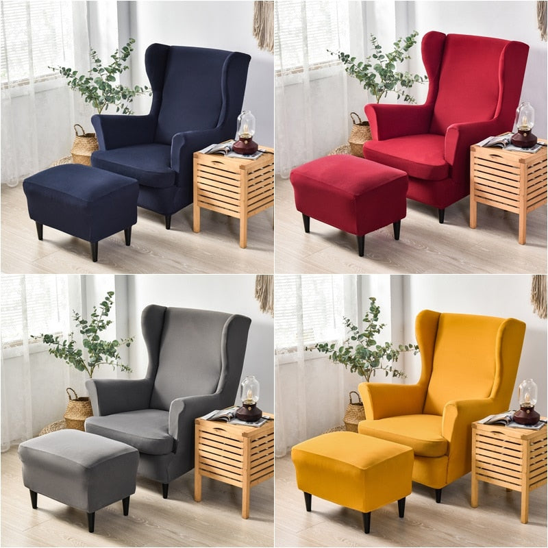 Solid Color Wingback Chair Slipcovers - Large Armchair Cover - 2 Piece Stretch Chair Cover & Optional Matching Ottoman Cover