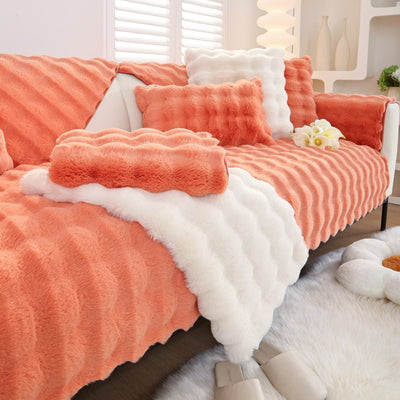 Orange Anti-Slip Extra Thick Plush Sofa Throw or Blanket Style Slipcover