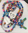 custom name kids rosary, rosary, boy blue rosary, communion gift girl, communion gift boy, girl pink rosary, baptism rosary, communion rosary, girl communion, rainbow rosary, kids rosary