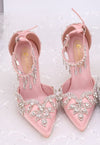 pink high heels shows with crystal jewels hanging angle straps
