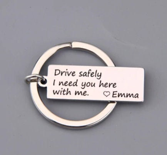drive safely i need you here with me key chain, silver color custom initial- winfinity brands