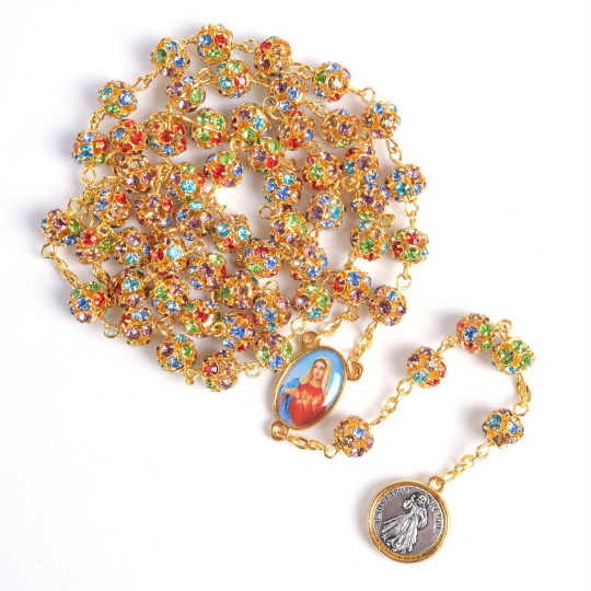 gold rosary with jewels and coin, winfinity brands signature rosary colorful premium quality