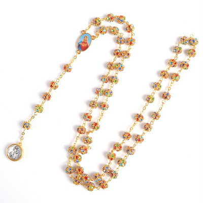 gold rosary with jewels and coin, winfinity brands signature rosary colorful premium quality