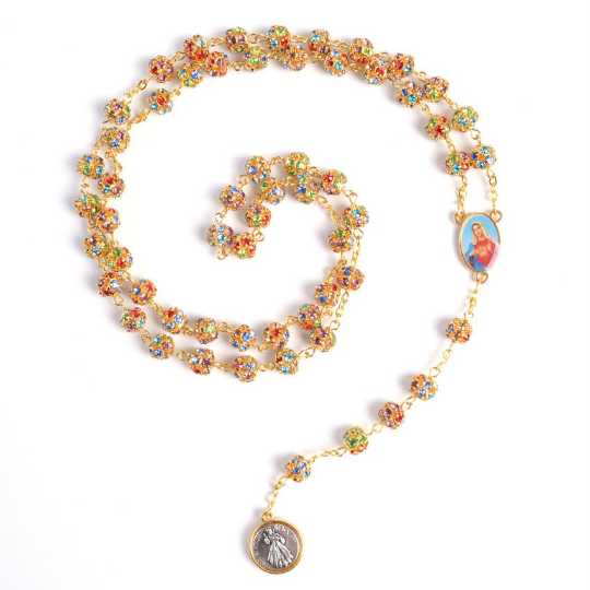 gold rosary with jewels and coin, winfinity brands signature rosary colorful premium quality