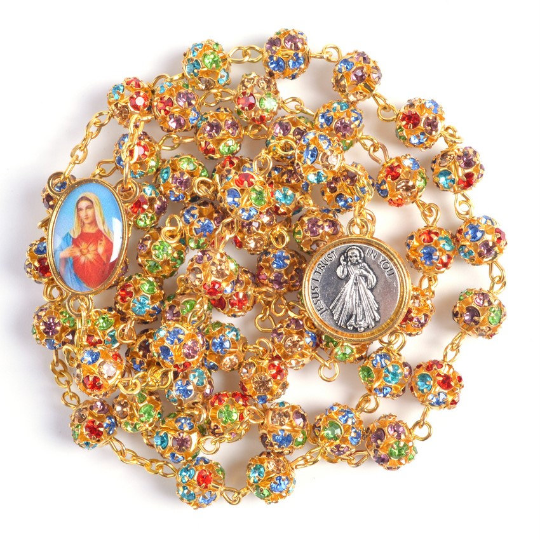 gold rosary with jewels and coin, winfinity brands signature rosary colorful premium quality
