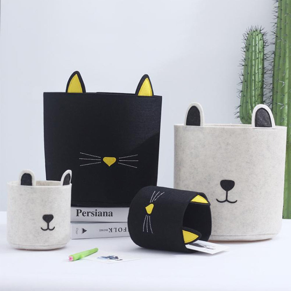 Minimalist Cat and Bear Felt Toy Storage Bins