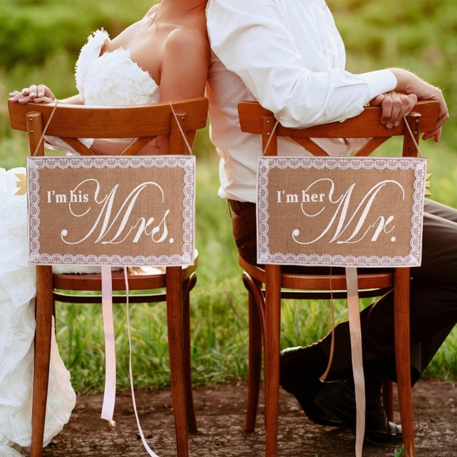 im his mrs , im her mr, rustic wedding burlap and lace signs for chairs, winfinity brands 
