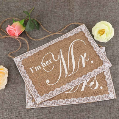 im his mrs , im her mr, rustic wedding burlap and lace signs for chairs, winfinity brands