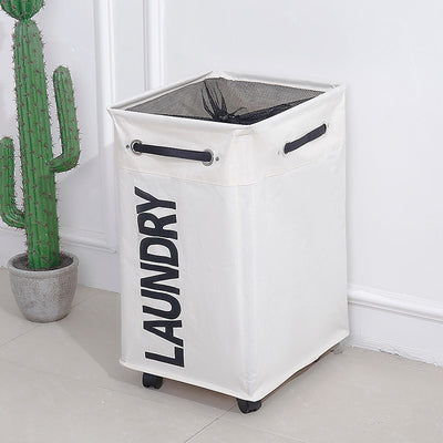 laundry bin on wheels, large white fabric with black font text  on wheels and netting on top