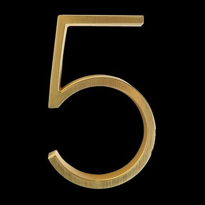 slim brass gold house number 5 five