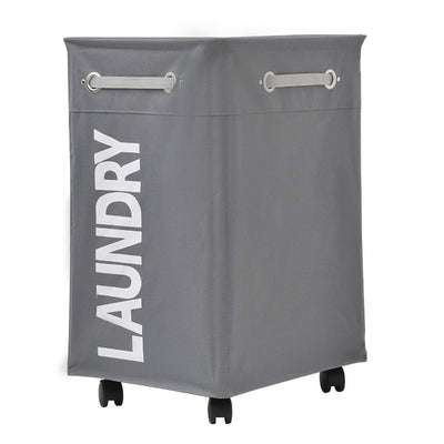 laundry bin on wheels, grey laundry hamper on wheels with words laundry
