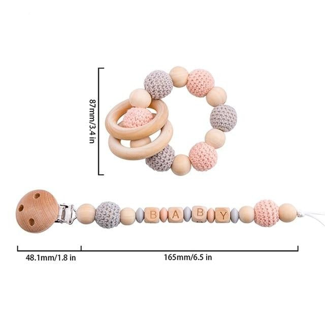 crochet pink and grey bracelet handmade personalized pacifier clip teether