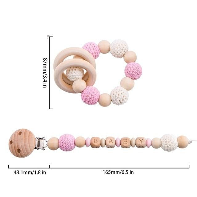 crochet pink and white rattle handmade personalized pacifier clip teether