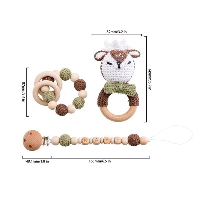 crochet deer rattle handmade personalized pacifier clip teether