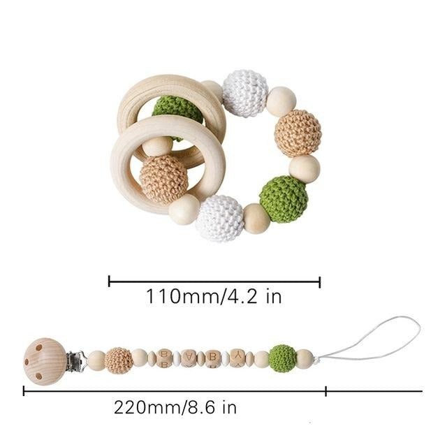 crochet green and brown bracelet handmade personalized pacifier clip teether