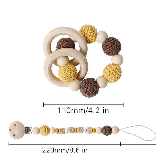 crochet yellow and brown bracelet handmade personalized pacifier clip teether