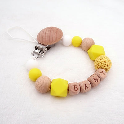 custom personalized name wood and silicone bead baby pacifier teether clip winfinity brands free shipping bright yellow color