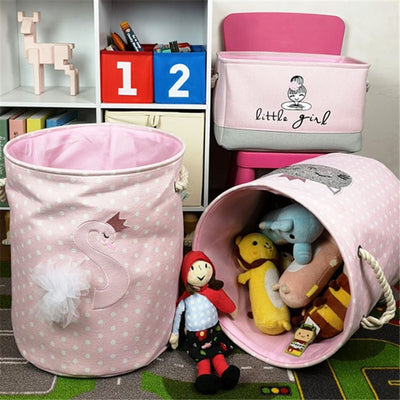 little girl storage bins  swan and cat pink and white