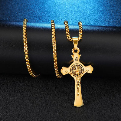 mens modern gold or silver jesus catholic crucifix necklace and chain, winfinity brands - free shipping