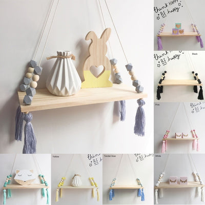 kids shelf hanging wood and silicone beads, baby room nursery decor for walls