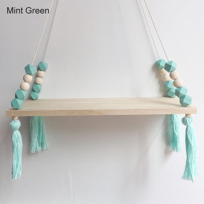 green min green kids shelf hanging wood and silicone beads, baby room nursery decor for walls