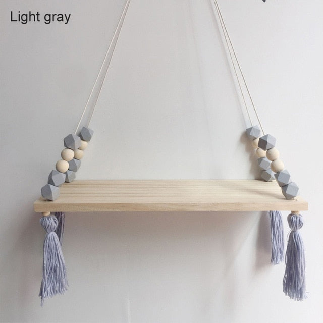 grey gray kids shelf hanging wood and silicone beads, baby room nursery decor for walls