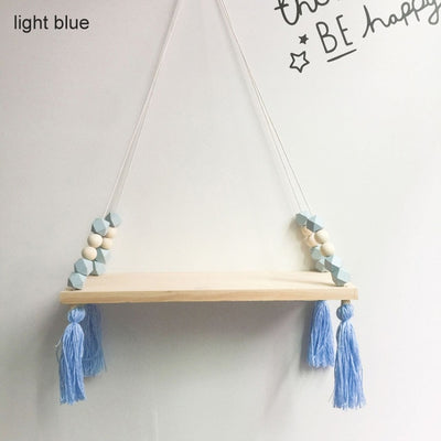 light blue kids shelf hanging wood and silicone beads, baby room nursery decor for walls