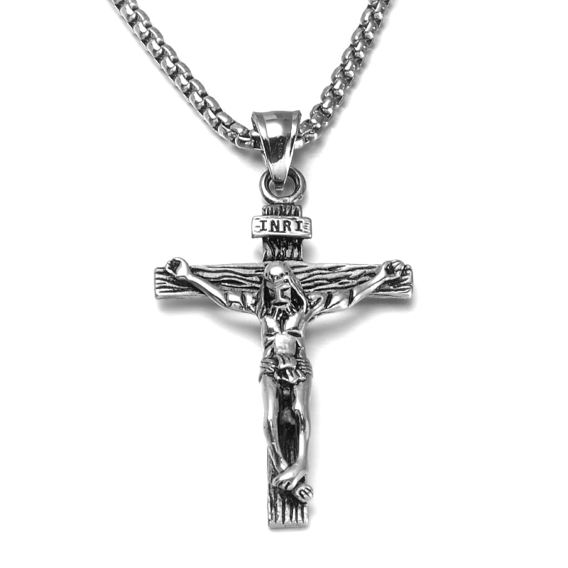 Heavy Catholic Jesus Christ INRI Cross Crucifix Stainless Steel Necklace Pendant For Men - 316L Stainless, Polished Silver