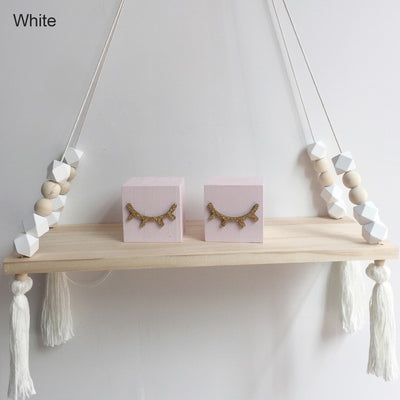 white kids shelf hanging wood and silicone beads, baby room nursery decor for walls
