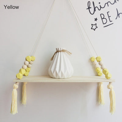 yellow kids shelf hanging wood and silicone beads, baby room nursery decor for walls