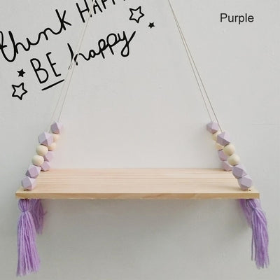 purple kids shelf hanging wood and silicone beads, baby room nursery decor for walls