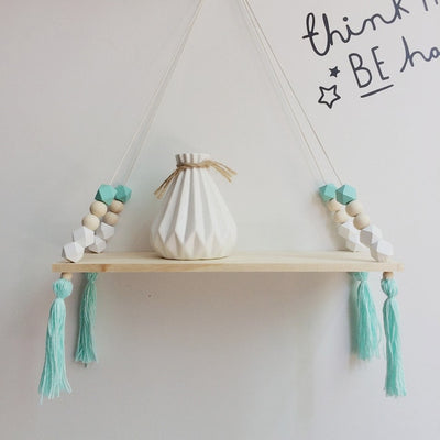 green and white kids shelf hanging wood and silicone beads, baby room nursery decor for walls