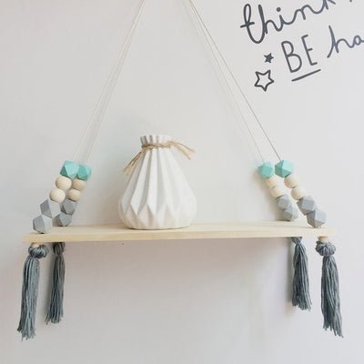 grey and green kids shelf hanging wood and silicone beads, baby room nursery decor for walls