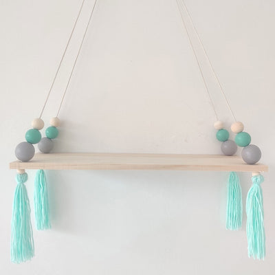 grey grey white kids shelf hanging wood and silicone beads, baby room nursery decor for walls