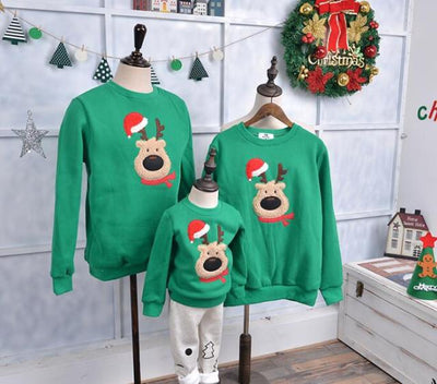 family christmas sweaters matching - funny christmas sweaters for family , reindeer with santa hat on green sweater