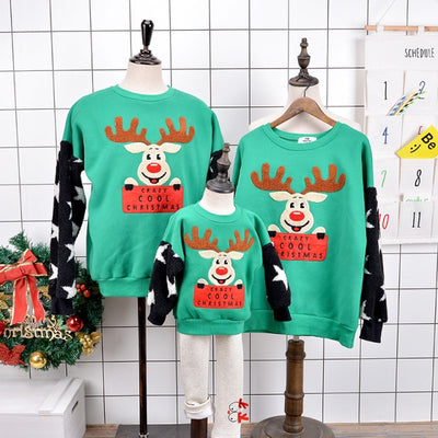family christmas sweaters matching - funny christmas sweaters for family , crazy cool christmas reindeer on green sweater with star sleeves