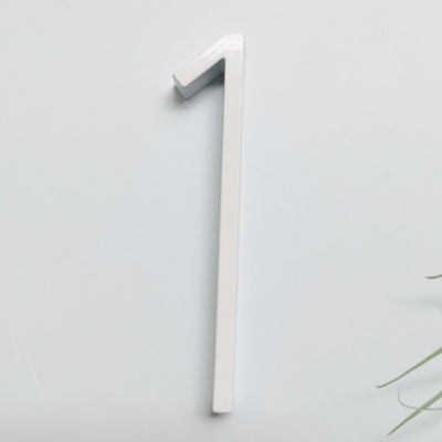 white house numbers, white street address sign, modern white slim house numbers, number 1 one white