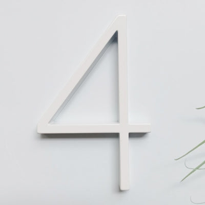 white house numbers, white street address sign, modern white slim house numbers, number 4 four white