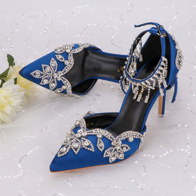 custom made wedding high heels with strap and crystals blue