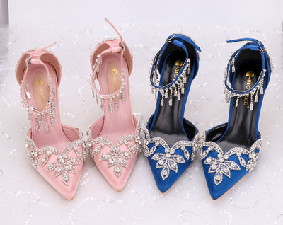 custom made wedding high heels with strap and crystals  pink or blue
