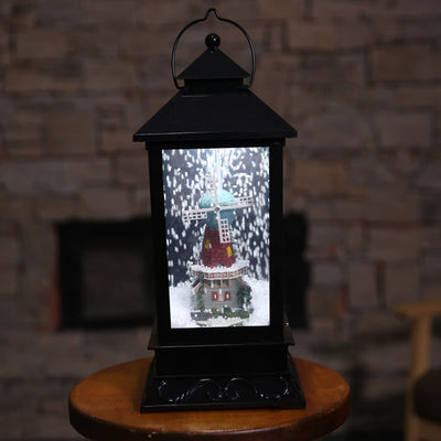 red christmas lantern with Christmas songs, acritical snow, and led light windmill black