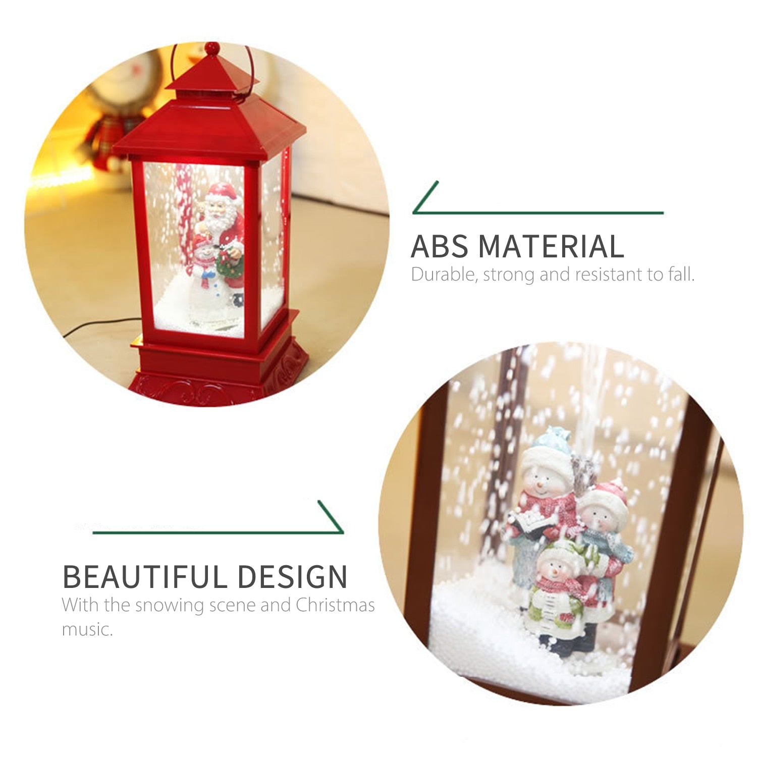red christmas lantern with Christmas songs, acritical snow, and led light santa red
