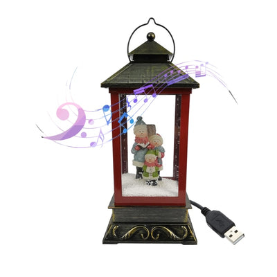 red christmas lantern with Christmas songs, acritical snow, and led light santa red and brushed metal look