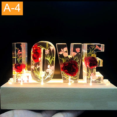 Customized Letters Dried Flower Wood Night Light Creative Romantic Table Lamp Gift for Couple Valentine Day Kid Birthday